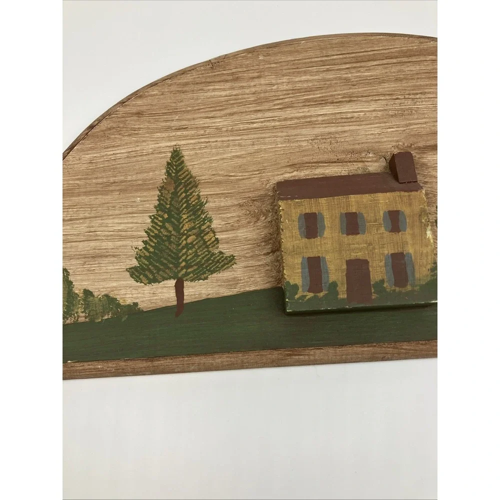 Hand Painted Half Moon Country Scene Wooden‎ Wall Hanging Primitive 3D Folk Art